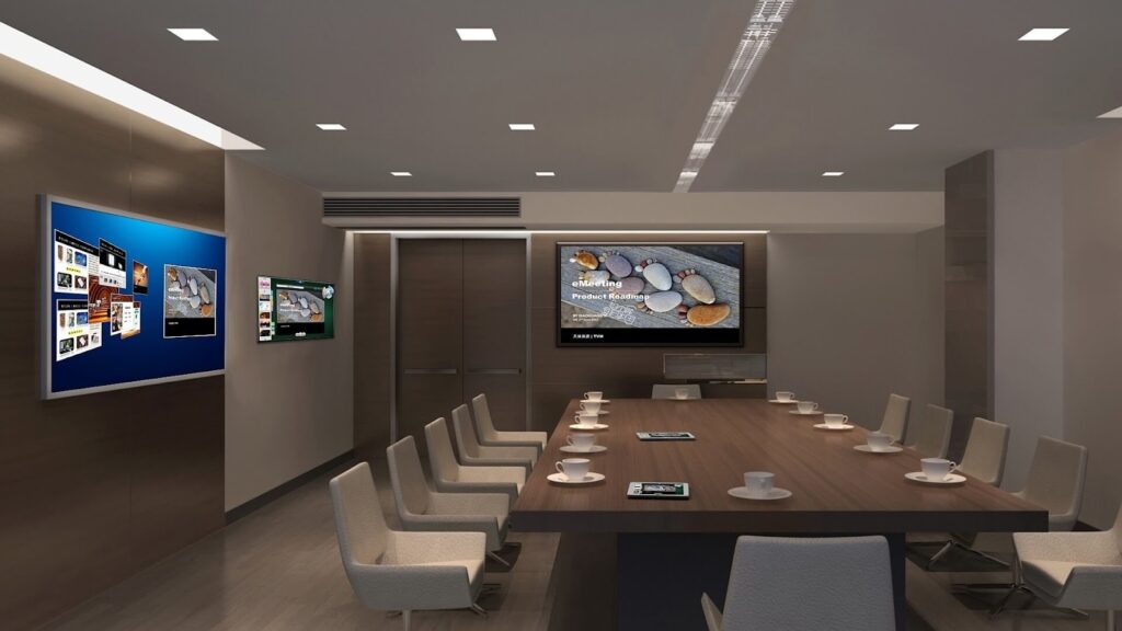Recessed lighting incorporated into the office false ceiling design reduces distractions in the room