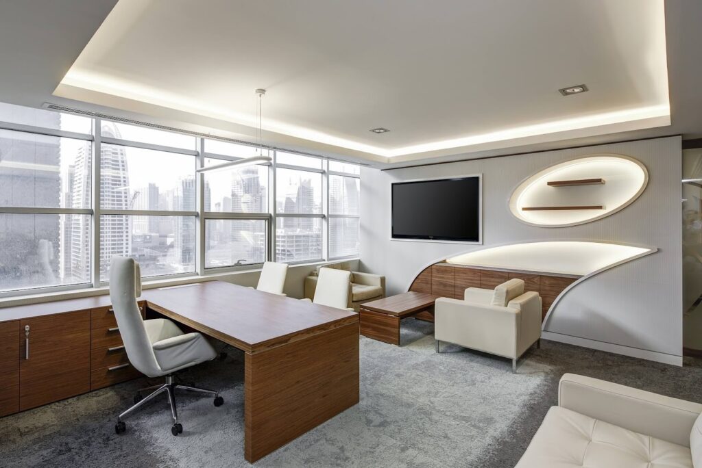 Neutral colors are frequently used for office ceiling designs to enlarge the room visually